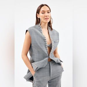 AREA Plaid Sleeveless Blazer w/ Crystal Trim XS-S